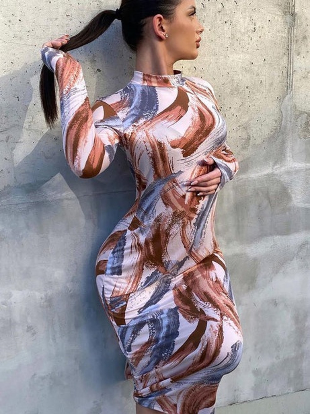Fashion Nova Abstract Brushstroke Bodycon Dress in White, Brown & Gray